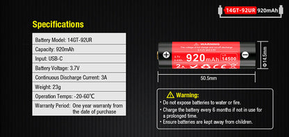 Batterie Klarus 14GT92UR 920mAh protégée rechargeable par Micro USB-C  NYCTALOPE  