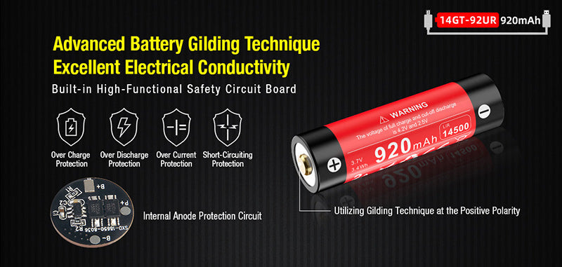 Batterie Klarus 14GT92UR 920mAh protégée rechargeable par Micro USB-C  NYCTALOPE  