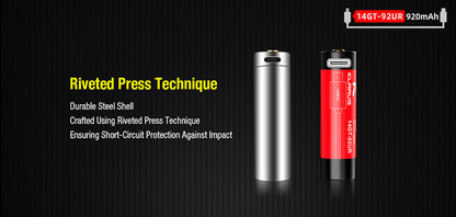 Batterie Klarus 14GT92UR 920mAh protégée rechargeable par Micro USB-C  NYCTALOPE  