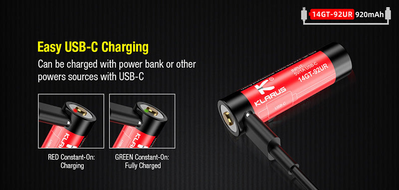 Batterie Klarus 14GT92UR 920mAh protégée rechargeable par Micro USB-C Klarus