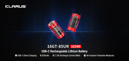 Batterie Klarus 16GT-85UR - 850mAh 3.7V protégée Li-ion, rechargeable en USB-C  NYCTALOPE  
