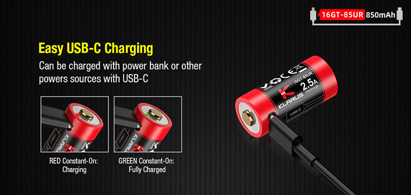 Batterie Klarus 16GT-85UR - 850mAh 3.7V protégée Li-ion, rechargeable en USB-C Klarus