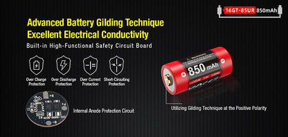 Batterie Klarus 16GT-85UR - 850mAh 3.7V protégée Li-ion, rechargeable en USB-C  NYCTALOPE  