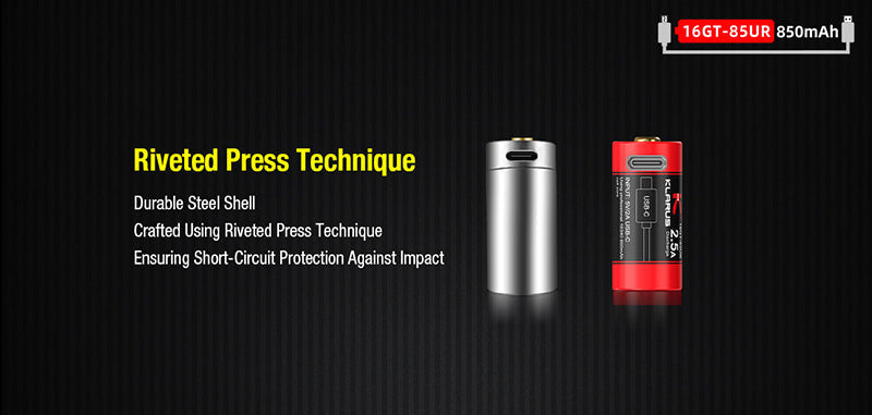 Batterie Klarus 16GT-85UR - 850mAh 3.7V protégée Li-ion, rechargeable en USB-C Klarus