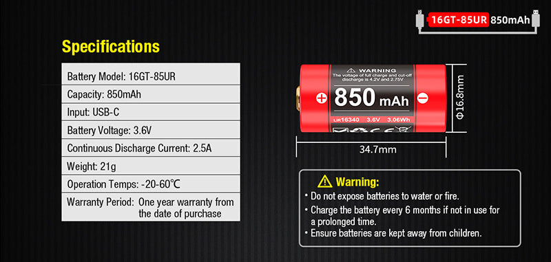 Batterie Klarus 16GT-85UR - 850mAh 3.7V protégée Li-ion, rechargeable en USB-C Klarus