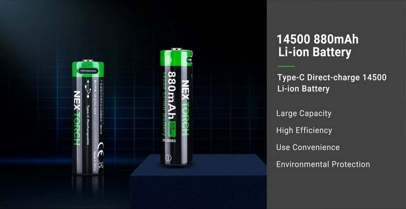 Batterie Nextorch 14500 - 880mAh - 3.7V protégée Li-ion USB-C  NYCTALOPE  