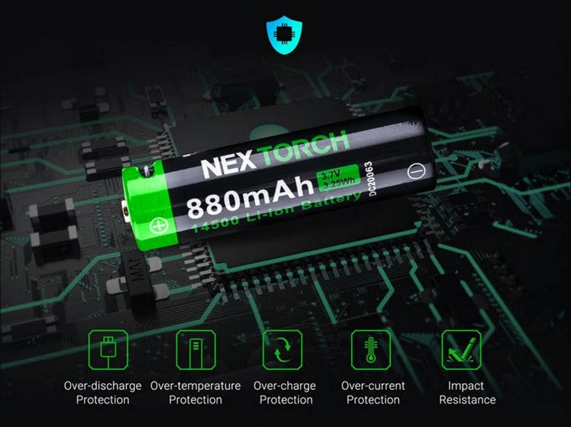 Batterie Nextorch 14500 - 880mAh - 3.7V protégée Li-ion USB-C  NYCTALOPE  