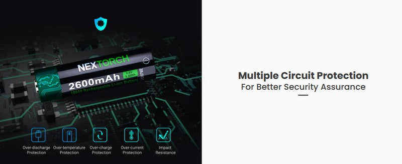 Batterie Nextorch 18650 - 2600mAh 3.6V protégée Li-ion USB-C  NYCTALOPE  