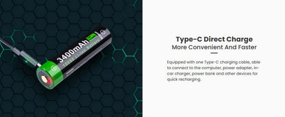 Batterie Nextorch 18650 - 3400mAh 3.6V protégée Li-ion USB-C - NYCTALOPE