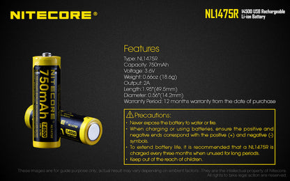 Batterie Nitecore NL1475R rechargeable - 750mAh - 3.6V protégée Li-ion  NYCTALOPE  