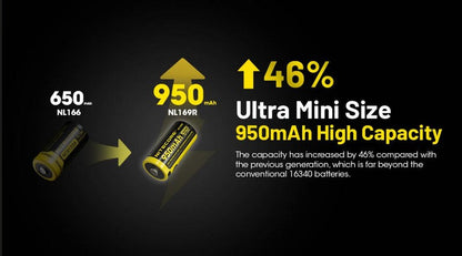 Batterie Nitecore NL169R 16340 rechargeable USB-C - 950mAh 3.6V protégée Li-ion - RCR123  NYCTALOPE  
