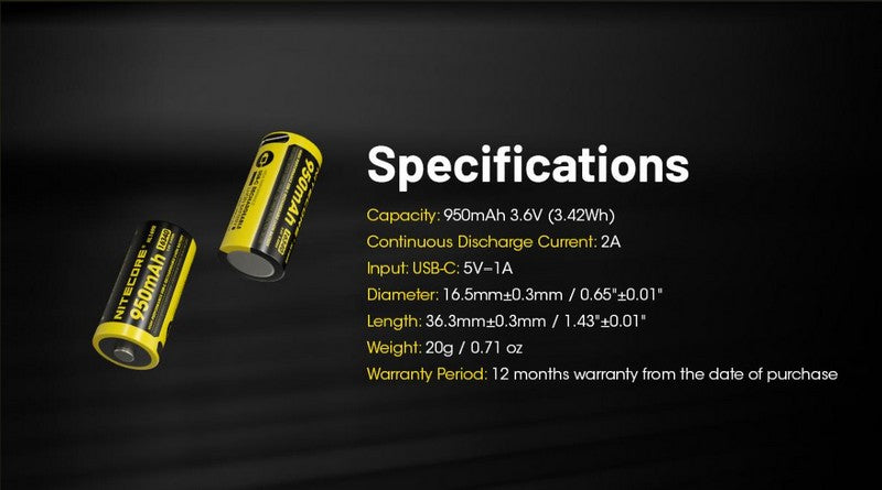 Batterie Nitecore NL169R 16340 rechargeable USB-C - 950mAh 3.6V protégée Li-ion - RCR123  NYCTALOPE  