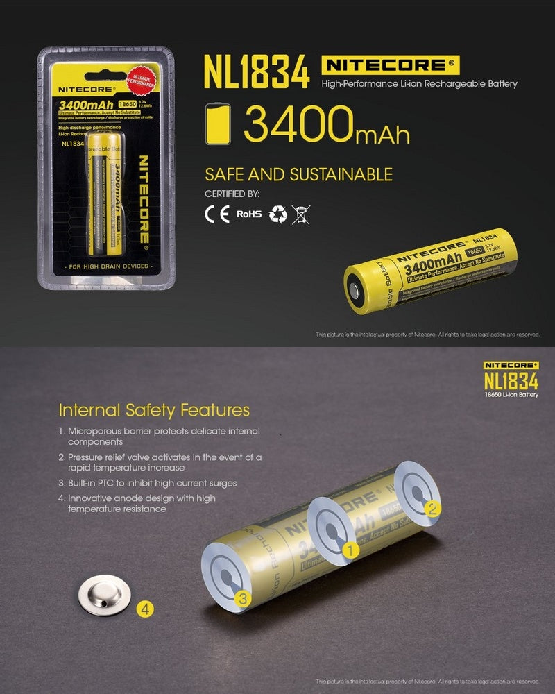 Batterie Nitecore NL1834 18650 – 3400mAh 3.7V protégée Li-ion Nitecore