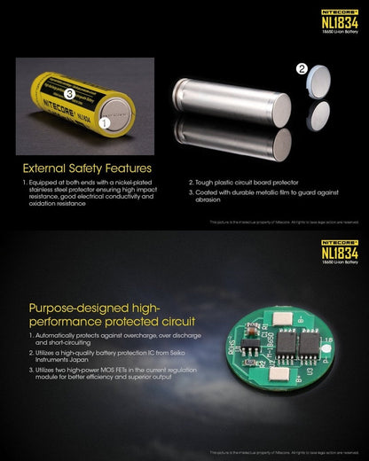 Batterie Nitecore NL1834 18650 – 3400mAh 3.7V protégée Li-ion  NYCTALOPE  