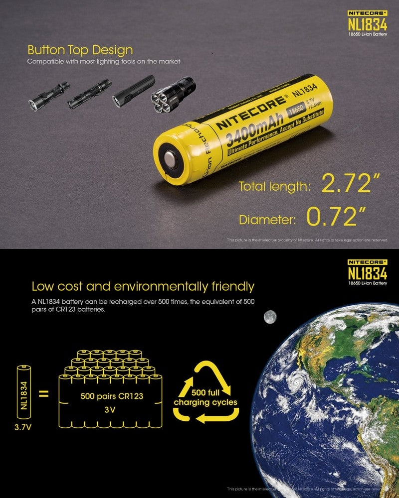 Batterie Nitecore NL1834 18650 – 3400mAh 3.7V protégée Li-ion  NYCTALOPE  