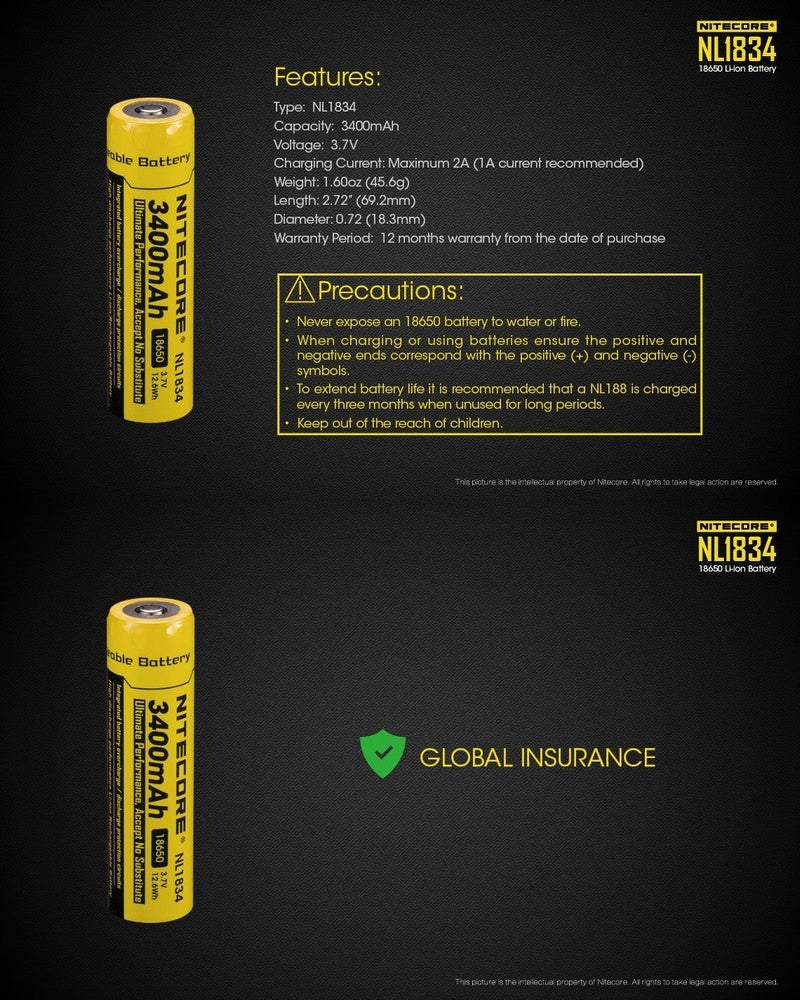 Batterie Nitecore NL1834 18650 – 3400mAh 3.7V protégée Li-ion  NYCTALOPE  