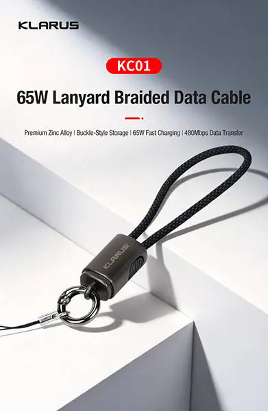 Câble USB-C dragonne Klarus KC01 65W - Transfert 480Mbps - Nylon Tressé