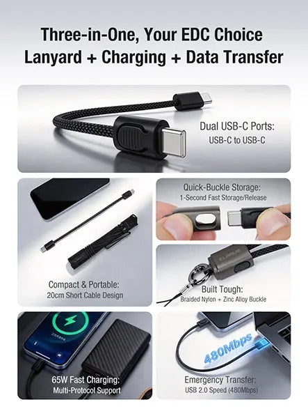 Câble USB-C dragonne Klarus KC01 65W - Transfert 480Mbps - Nylon Tressé