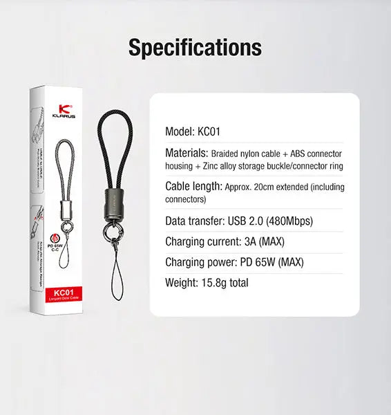 Câble USB-C dragonne Klarus KC01 65W - Transfert 480Mbps - Nylon Tressé