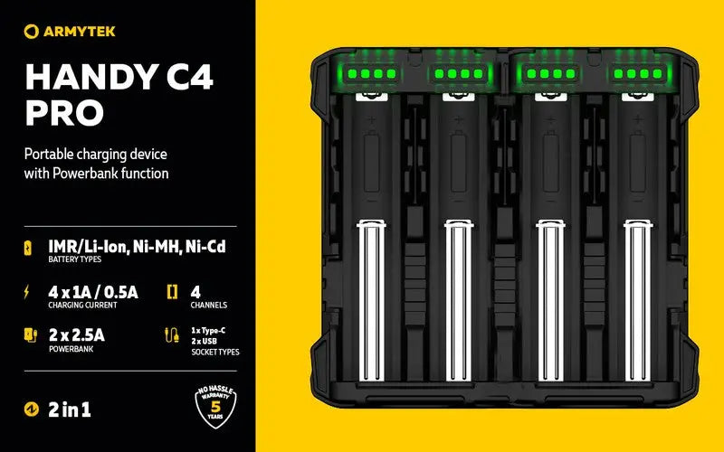 Chargeur Armytek Handy C4 PRO – Powerbank – Batteries Li-ion, IMR et Ni-Mh  NYCTALOPE  