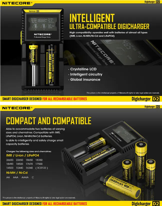 Chargeur D2 Nitecore Li-ion, IMR, Ni-MH, LiFePO4 et Ni-CD  NYCTALOPE  