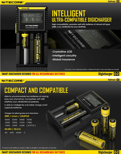 Chargeur D2 Nitecore Li-ion, IMR, Ni-MH, LiFePO4 et Ni-CD  NYCTALOPE  