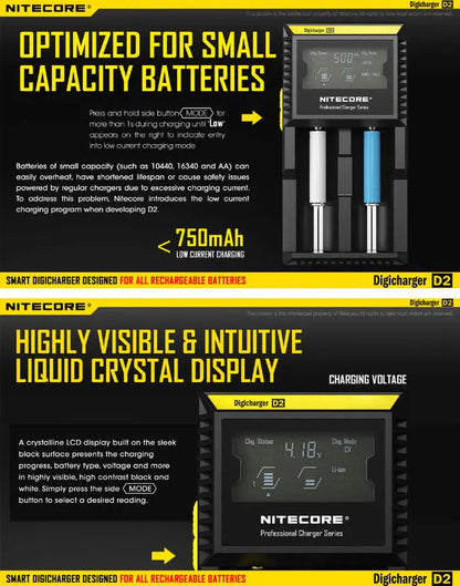 Chargeur D2 Nitecore Li-ion, IMR, Ni-MH, LiFePO4 et Ni-CD  NYCTALOPE  