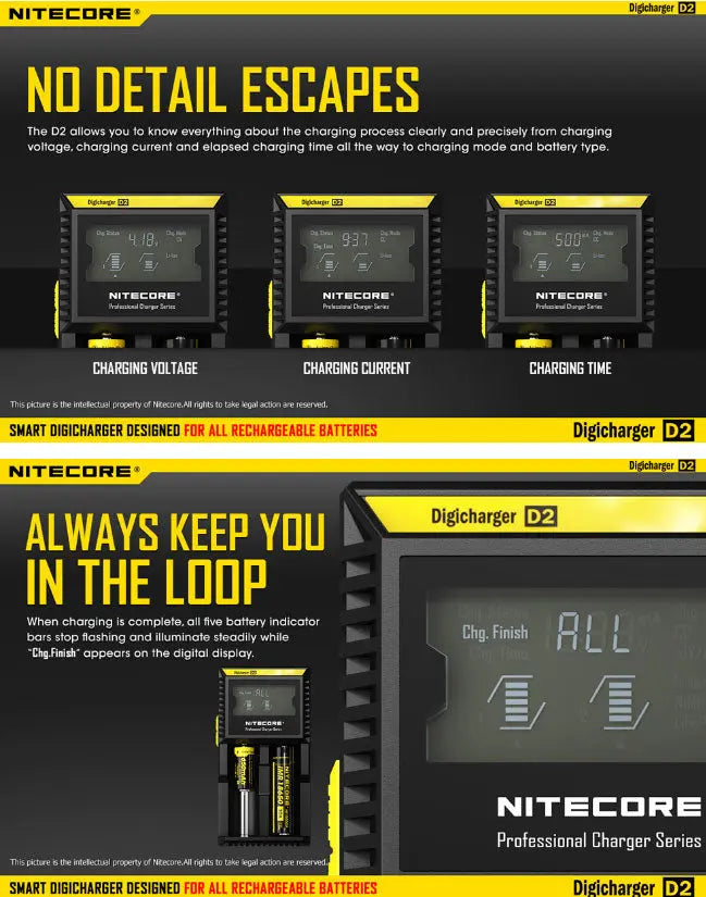 Chargeur D2 Nitecore Li-ion, IMR, Ni-MH, LiFePO4 et Ni-CD  NYCTALOPE  