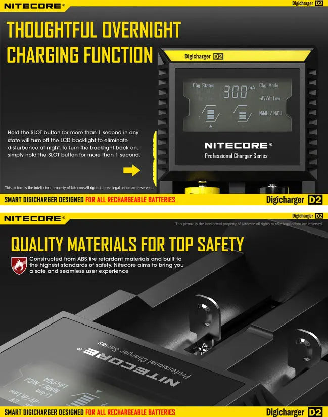 Chargeur D2 Nitecore Li-ion, IMR, Ni-MH, LiFePO4 et Ni-CD  NYCTALOPE  