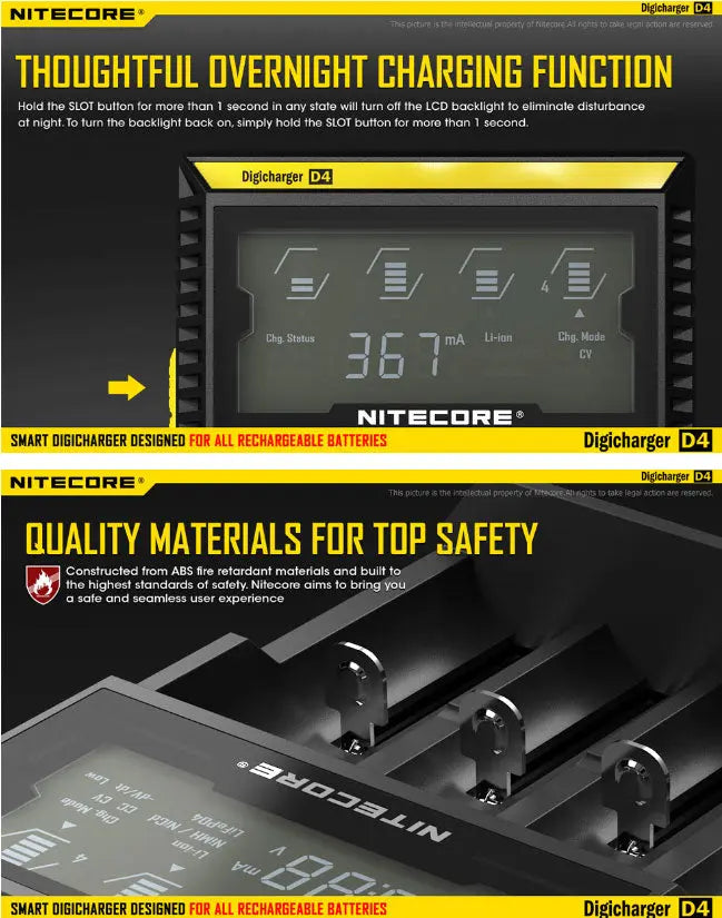 Chargeur D4 Nitecore Li-ion, IMR, Ni-MH, LiFePO4 et Ni-CD  NYCTALOPE  