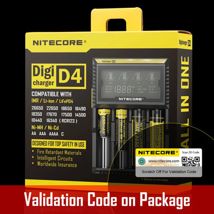 Chargeur D4 Nitecore Li-ion, IMR, Ni-MH, LiFePO4 et Ni-CD  NYCTALOPE  