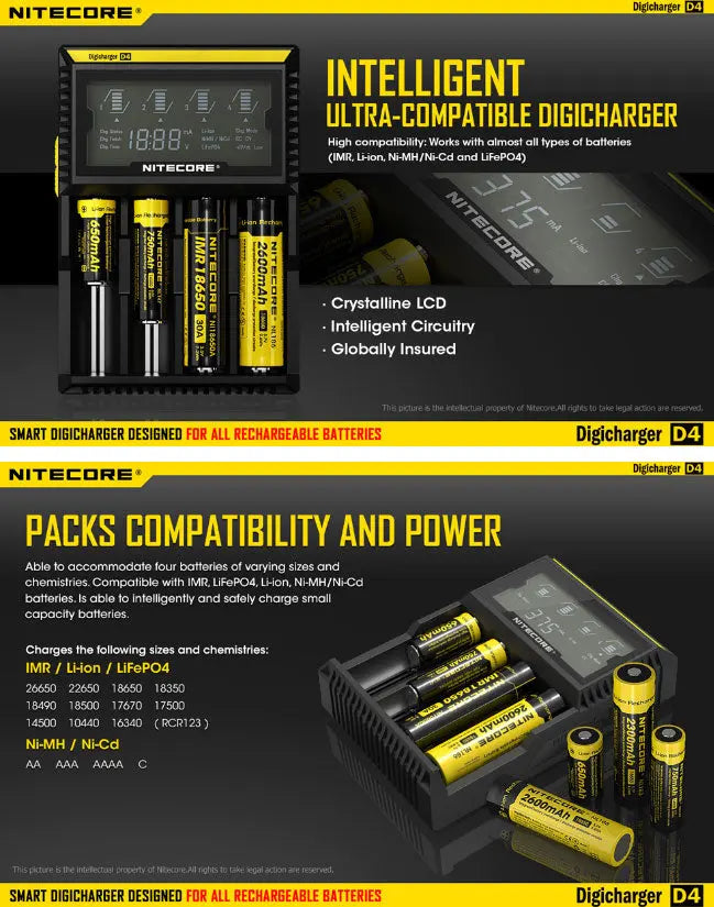 Chargeur D4 Nitecore Li-ion, IMR, Ni-MH, LiFePO4 et Ni-CD  NYCTALOPE  