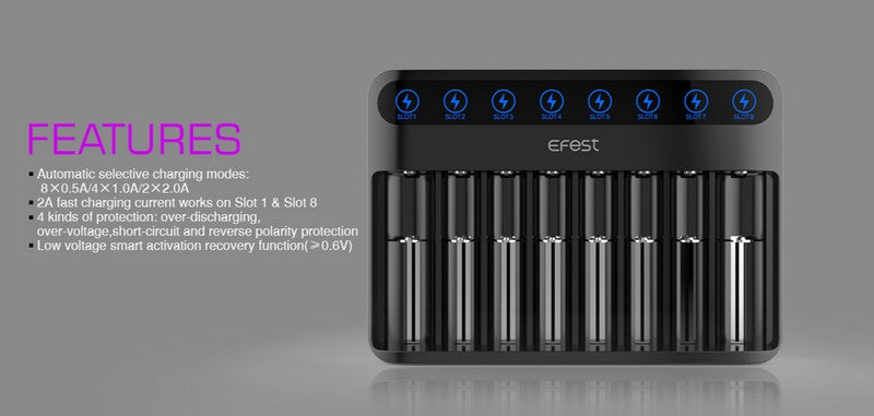 Chargeur EFEST Lush Q8 pour batteries Li-ion, IMR, Ni-MH, Ni-Cd, 21700, 18650, 16340 - NYCTALOPE