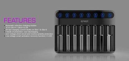 Chargeur EFEST Lush Q8 pour batteries Li-ion, IMR, Ni-MH, Ni-Cd, 21700, 18650, 16340 - NYCTALOPE