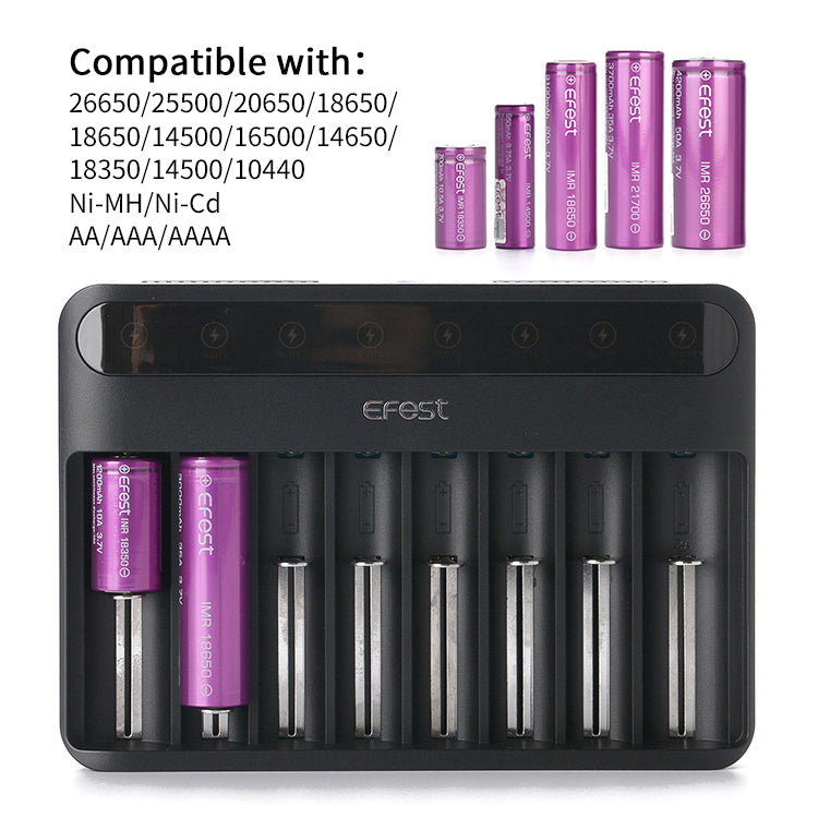 Chargeur EFEST Lush Q8 pour batteries Li-ion, IMR, Ni-MH, Ni-Cd, 21700, 18650, 16340