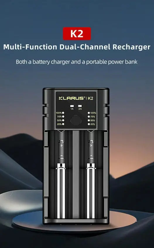 Chargeur Klarus K2 USB, 2 baies Powerbank Li-ion, Ni-MH, Ni-Cd et LiFePO4 Klarus