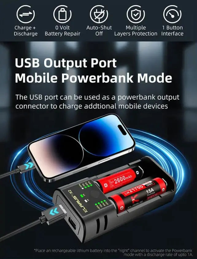 Chargeur Klarus K2 USB, 2 baies Powerbank Li-ion, Ni-MH, Ni-Cd et LiFePO4 Klarus