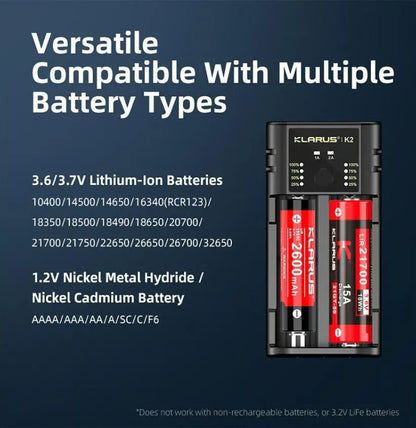 Chargeur Klarus K2 USB, 2 baies Powerbank Li-ion, Ni-MH, Ni-Cd et LiFePO4 Klarus