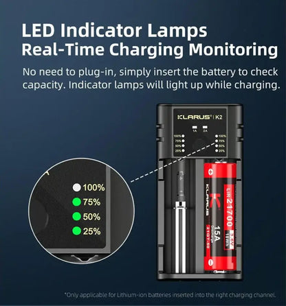 Chargeur Klarus K2 USB, 2 baies Powerbank Li-ion, Ni-MH, Ni-Cd et LiFePO4 Klarus
