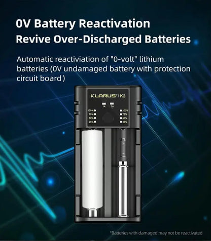 Chargeur Klarus K2 USB, 2 baies Powerbank Li-ion, Ni-MH, Ni-Cd et LiFePO4 Klarus