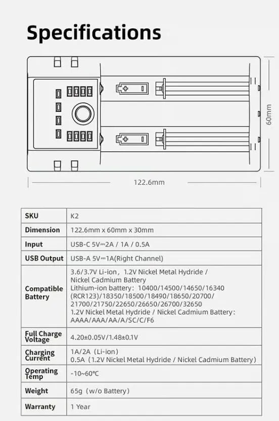 Chargeur Klarus K2 USB, 2 baies Powerbank Li-ion, Ni-MH, Ni-Cd et LiFePO4 Klarus