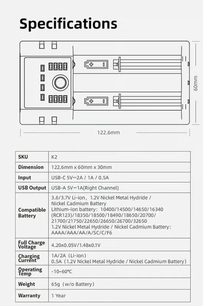 Chargeur Klarus K2 USB, 2 baies Powerbank Li-ion, Ni-MH, Ni-Cd et LiFePO4 Klarus
