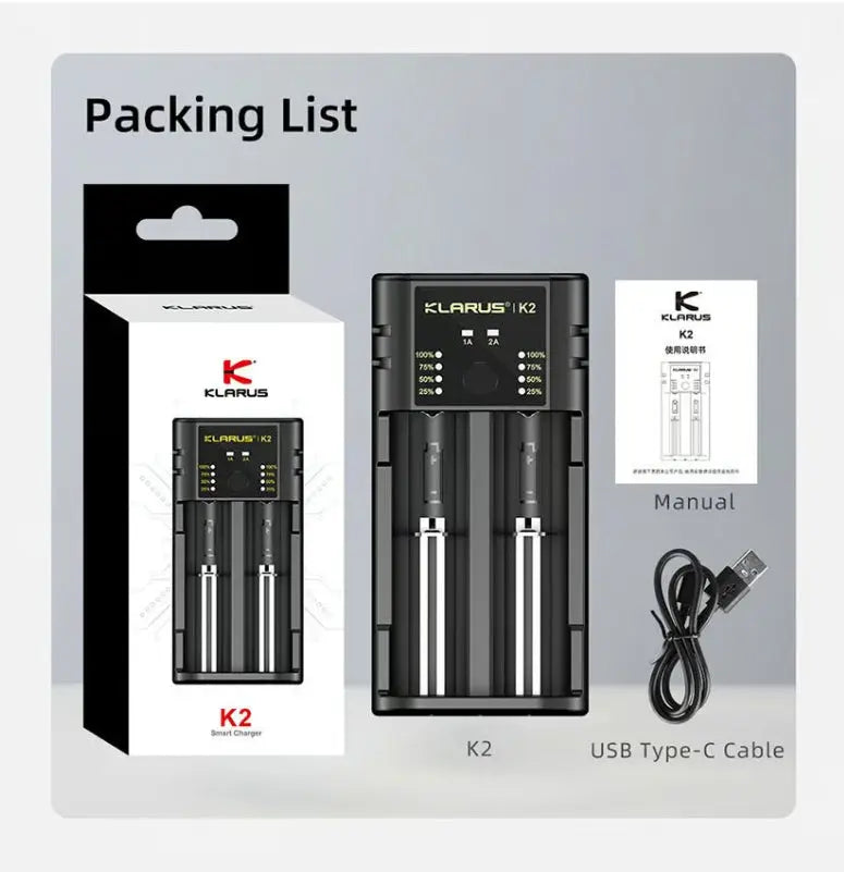 Chargeur Klarus K2 USB, 2 baies Powerbank Li-ion, Ni-MH, Ni-Cd et LiFePO4 Klarus