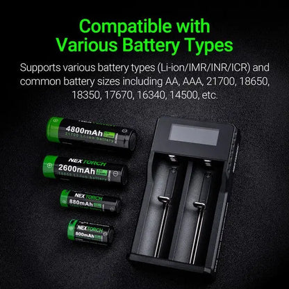 Chargeur Nextorch DC20 USB 2 baies Li-ion 21700, 18650, 18350,16340, 14500  NYCTALOPE  