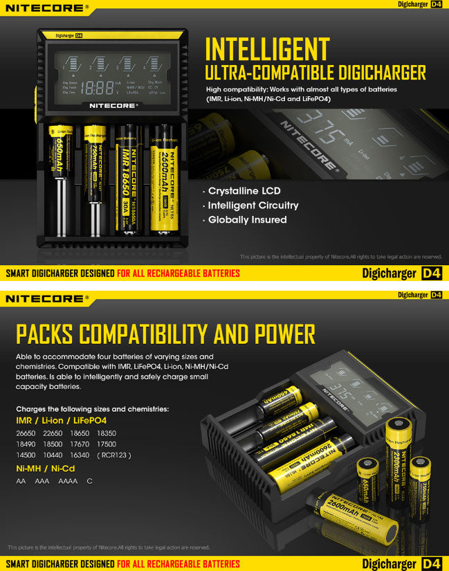 Chargeur D4 Nitecore Li-ion, IMR, Ni-MH, LiFePO4 et Ni-CD Nitecore