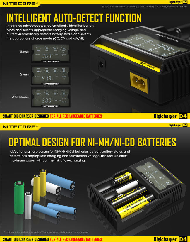 Chargeur D4 Nitecore Li-ion, IMR, Ni-MH, LiFePO4 et Ni-CD  NYCTALOPE  