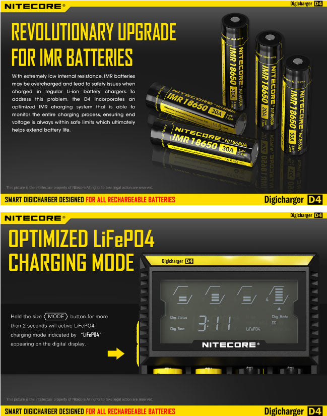 Chargeur D4 Nitecore Li-ion, IMR, Ni-MH, LiFePO4 et Ni-CD  NYCTALOPE  