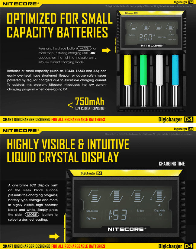 Chargeur D4 Nitecore Li-ion, IMR, Ni-MH, LiFePO4 et Ni-CD  NYCTALOPE  