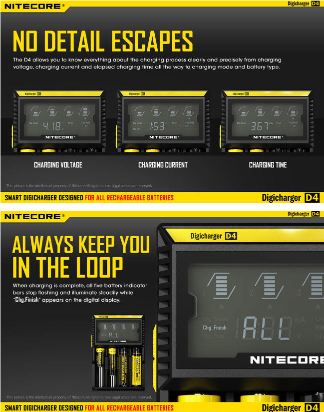 Chargeur D4 Nitecore Li-ion, IMR, Ni-MH, LiFePO4 et Ni-CD Nitecore