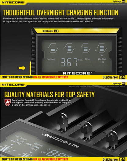 Chargeur D4 Nitecore Li-ion, IMR, Ni-MH, LiFePO4 et Ni-CD  NYCTALOPE  